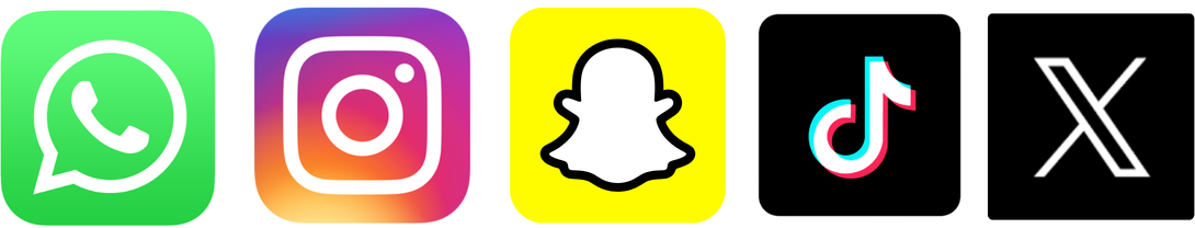 Social app logos: WhatsApp, Instagram, Snapchat, TikTok and X
